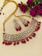 Designer Maroon Kundan Polki Choker Necklace Set for weddings , parties , sangeet and engagement ceremonies