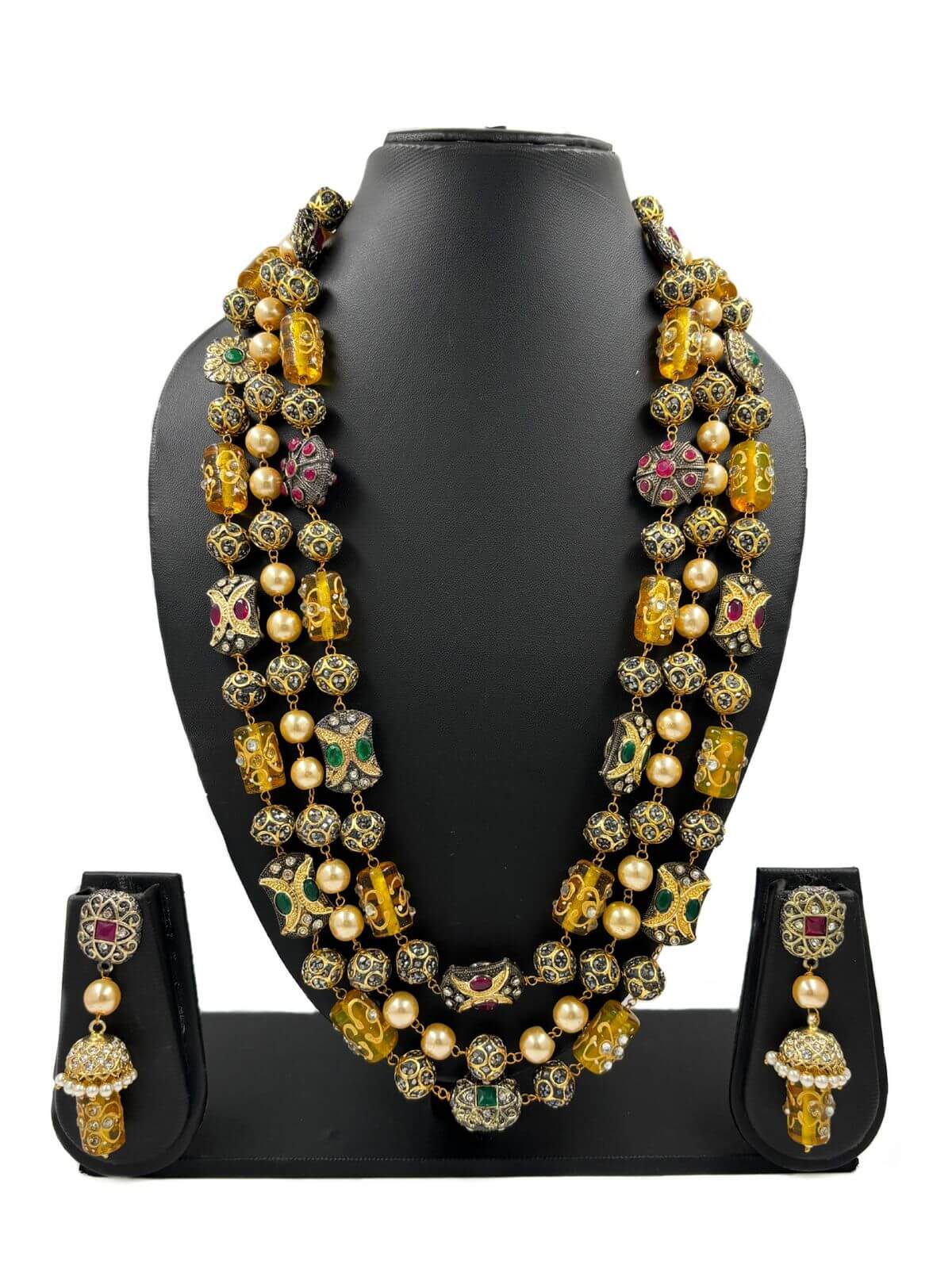 Long Triple Layered Jadau Multi Color Beaded Necklace Set By Gehna Shop