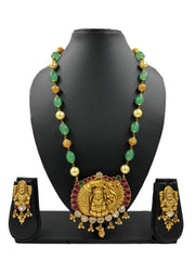 Goddess Lakshmi Temple Jewellery Necklac Set With Green Jade Beads Ganthan Mala