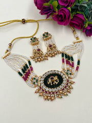 Gold Plated Elephant Design Antique Gold Choker Necklace Set