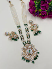 Green Long Polki Kundan Pendant Necklace Set | Designer Wedding Jewelry