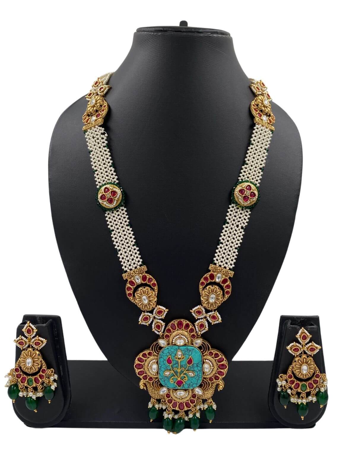 Long Antique Gold Pendant Kundan Necklace Set