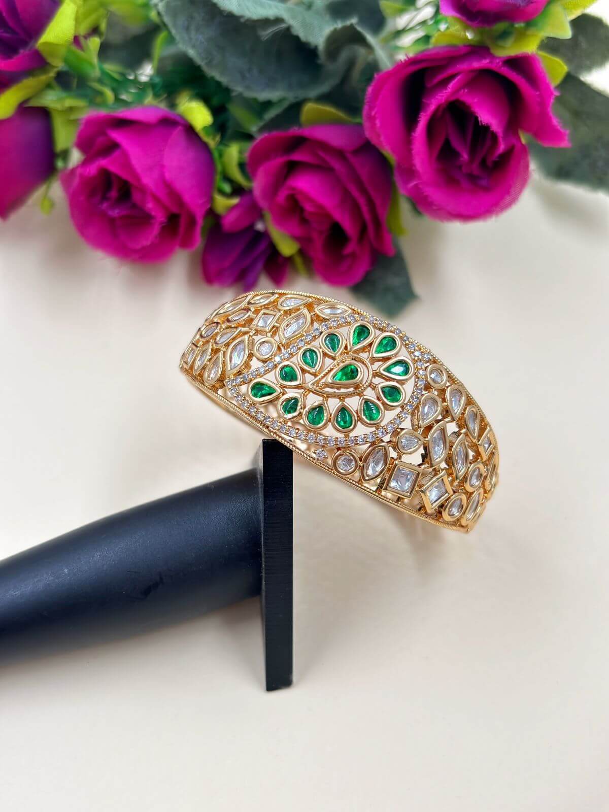 Designer Kundan Polki Green Bracelet For Women