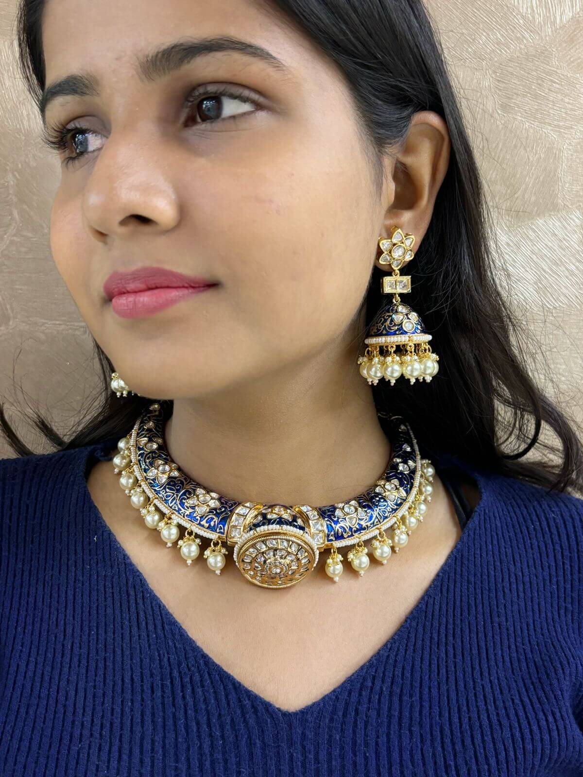 Royal Rajputi Kundan Polki Hasli Necklace Set with Blue meenakari.