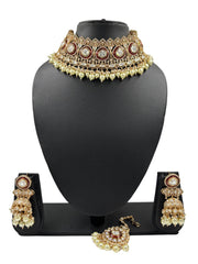 Designer Bridal Polki Choker Necklace Set With Tikka | Red Choker Jewellery