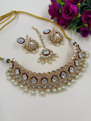 Avadhi Designer Red Polki Kundan Choker Necklace Set With Tikka for weddings