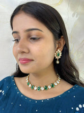 Designer Single Line Green Short Polki Necklace Set For Women