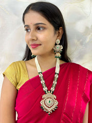 Green Long Polki Kundan Pendant Necklace Set | Designer Wedding Jewelry