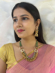 Urvashi Short Antique Green Beads Necklace With Kundan Brooches