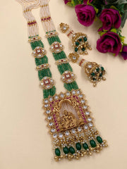 Suhasini Long Antique Golden Radha Krishna Temple Necklace Set With Layered Green Beads for weddings