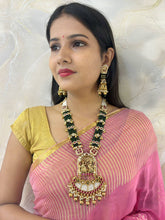 Dikshita Long Antique Gold Bridal Necklace Set With Layered Green Beads