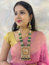 Suhasini Long Antique Golden Radha Krishna Temple Necklace Set With Layered Green Beads for weddings