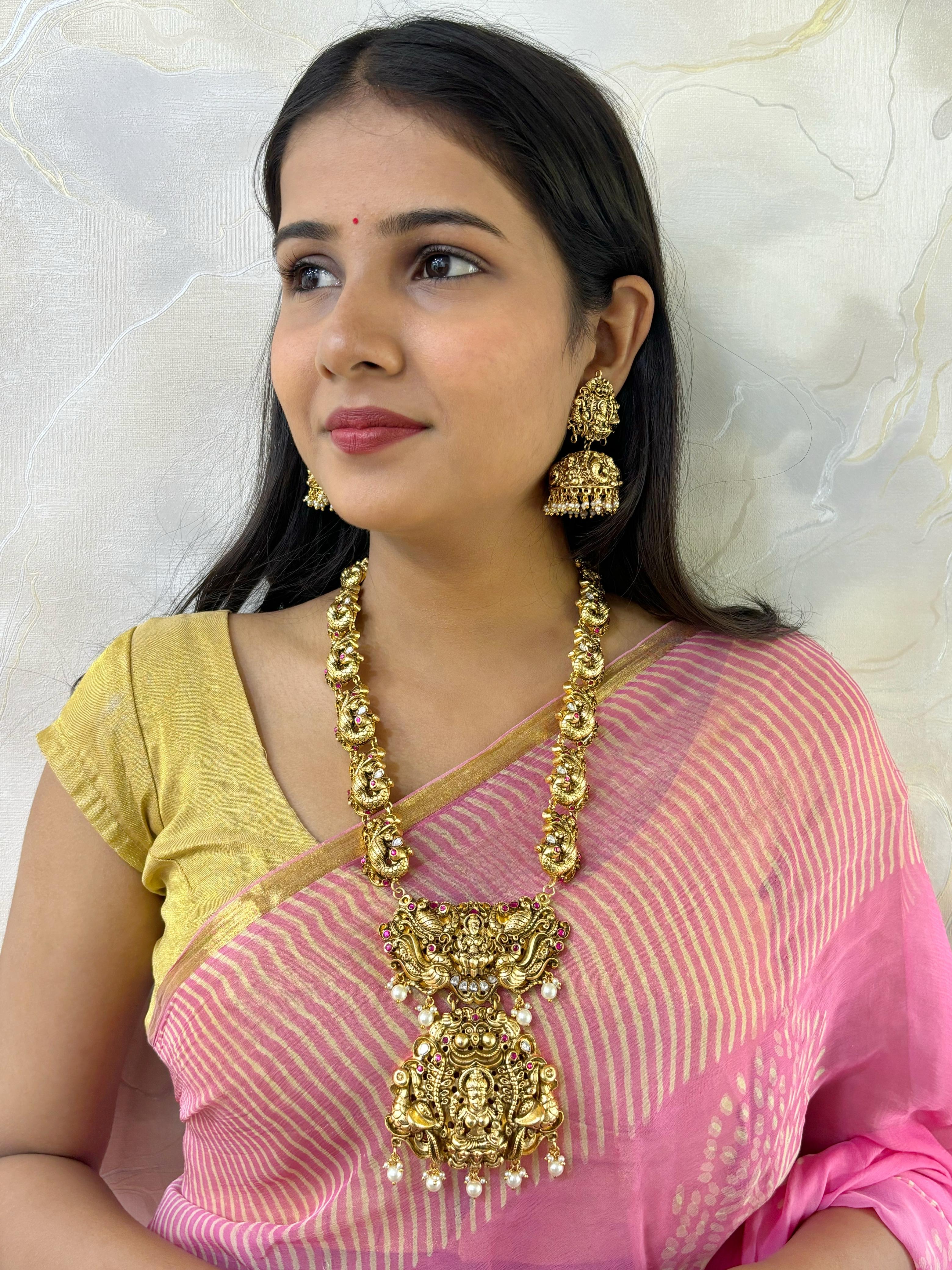 Buy Gold Plated Antique Long Lakshmi Devi Temple Jewelry Necklace Set
