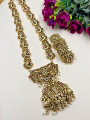 Sunanda Gold Plated Antique Long Lakshmi Devi Temple Jewellery Necklace Set | South Indian Jewellery