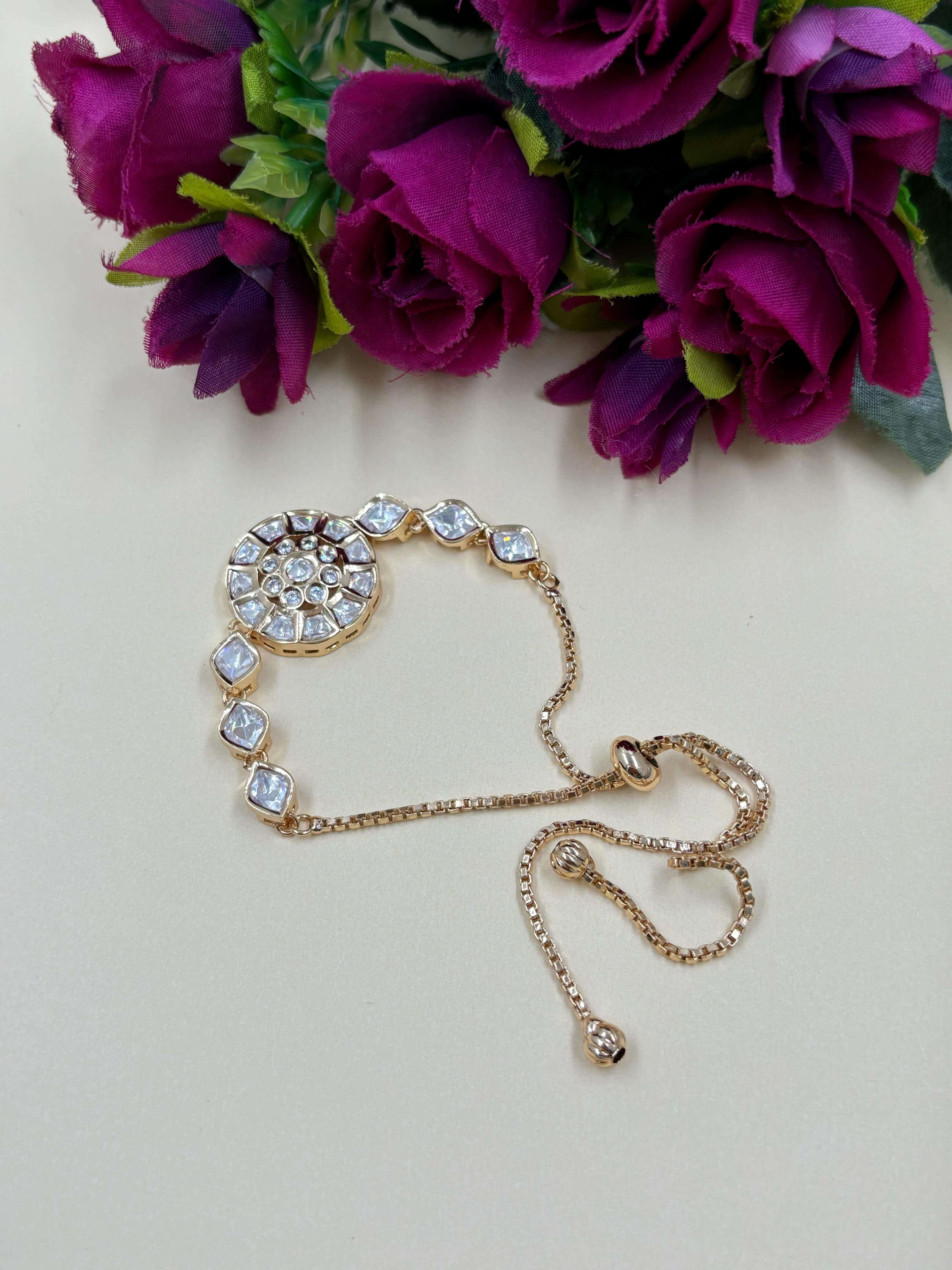 Sparkling Kundan Polki Bracelet With Adjustable Chain For Ladies And Girls
