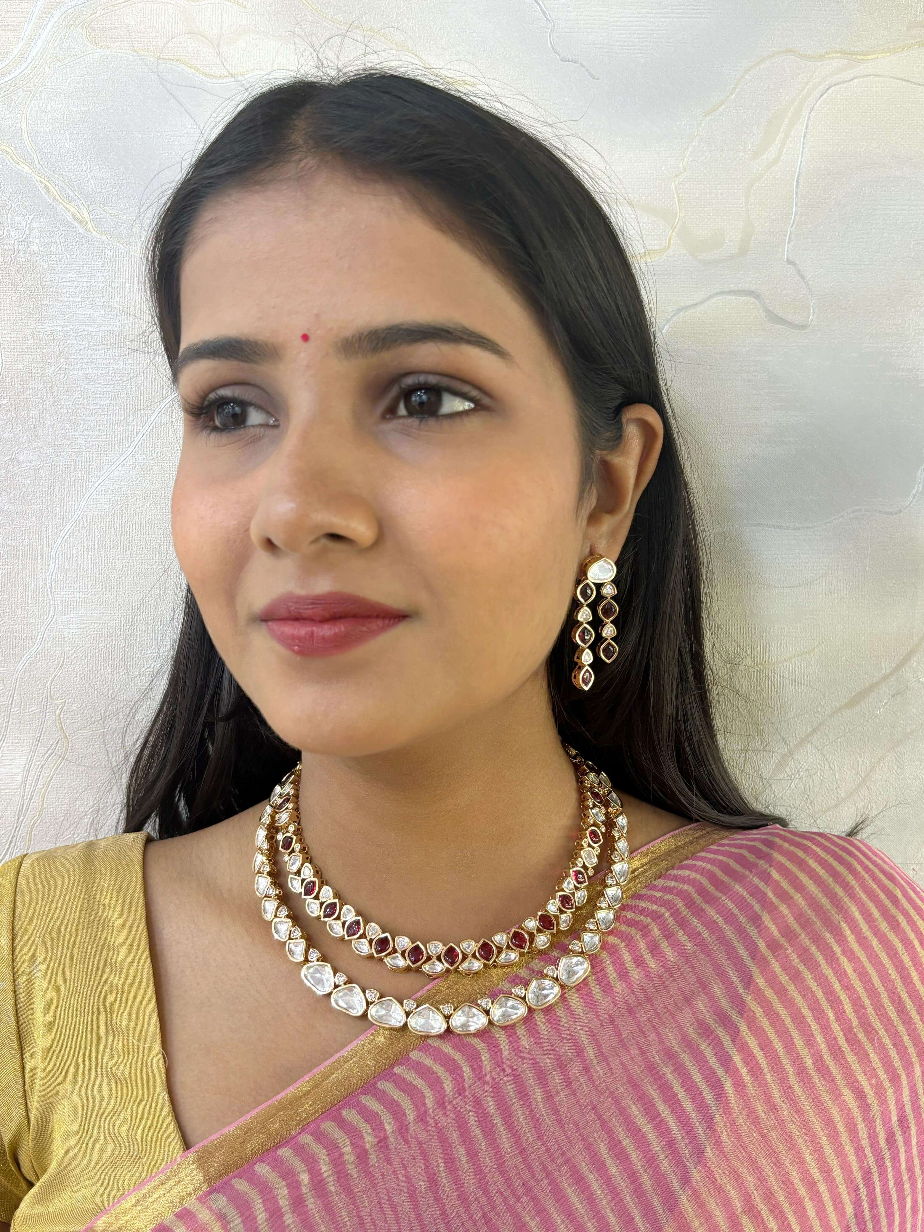 Artificial Maansi Designer Double Layer Red Uncut Polki Necklace Set for women to wear with Indian And Western attire.