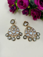 Ajiliya Designer Uncut Polki Chandbali Earrings With Green Meenakari