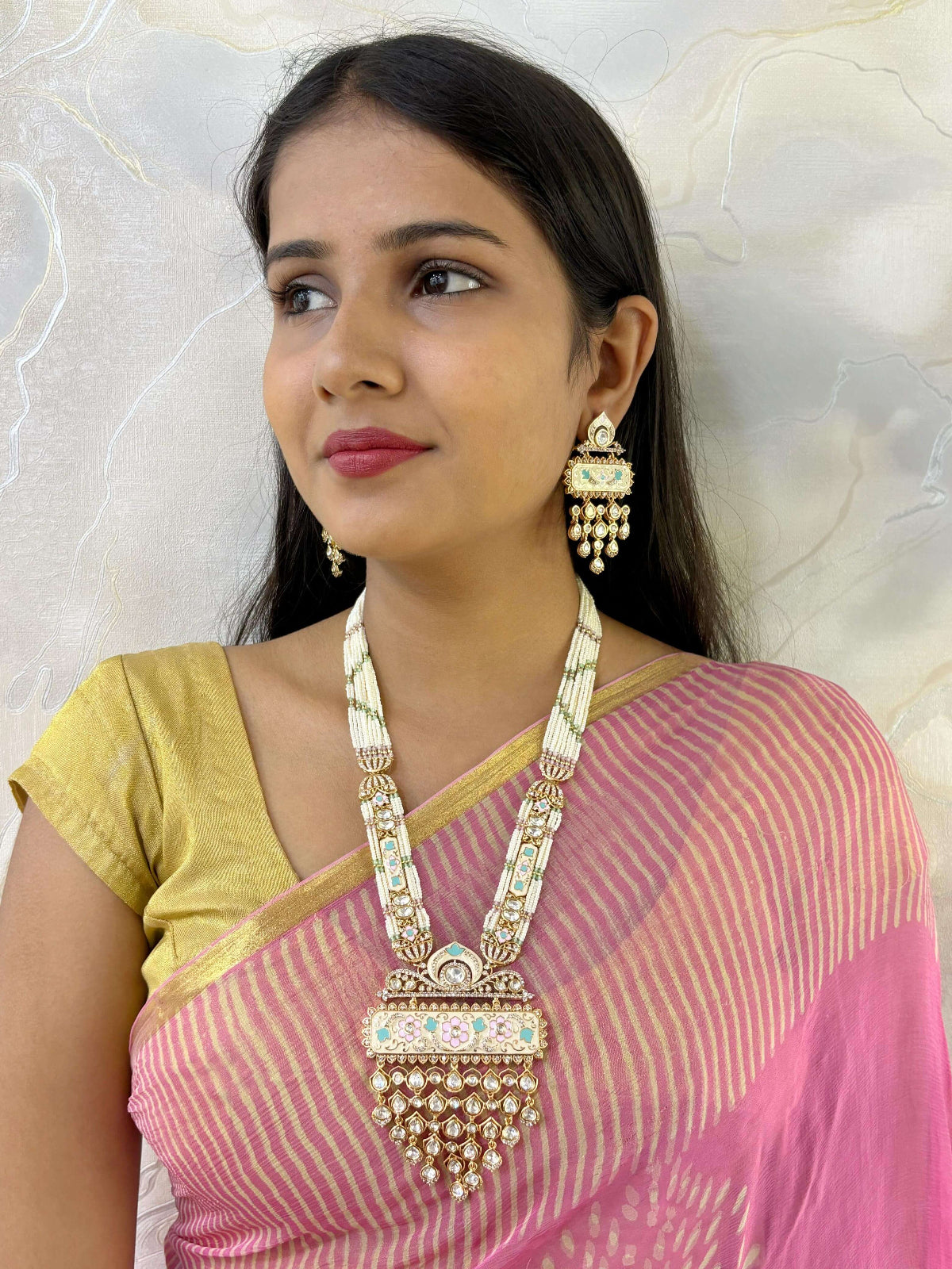 Devi Designer Long Polki Pendant Necklace Set With Pearls And pastel Meenakari handcrafted for weddings and parties