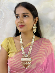 Devi Designer Long Polki Pendant Necklace Set With Pearls And pastel Meenakari handcrafted for weddings and parties