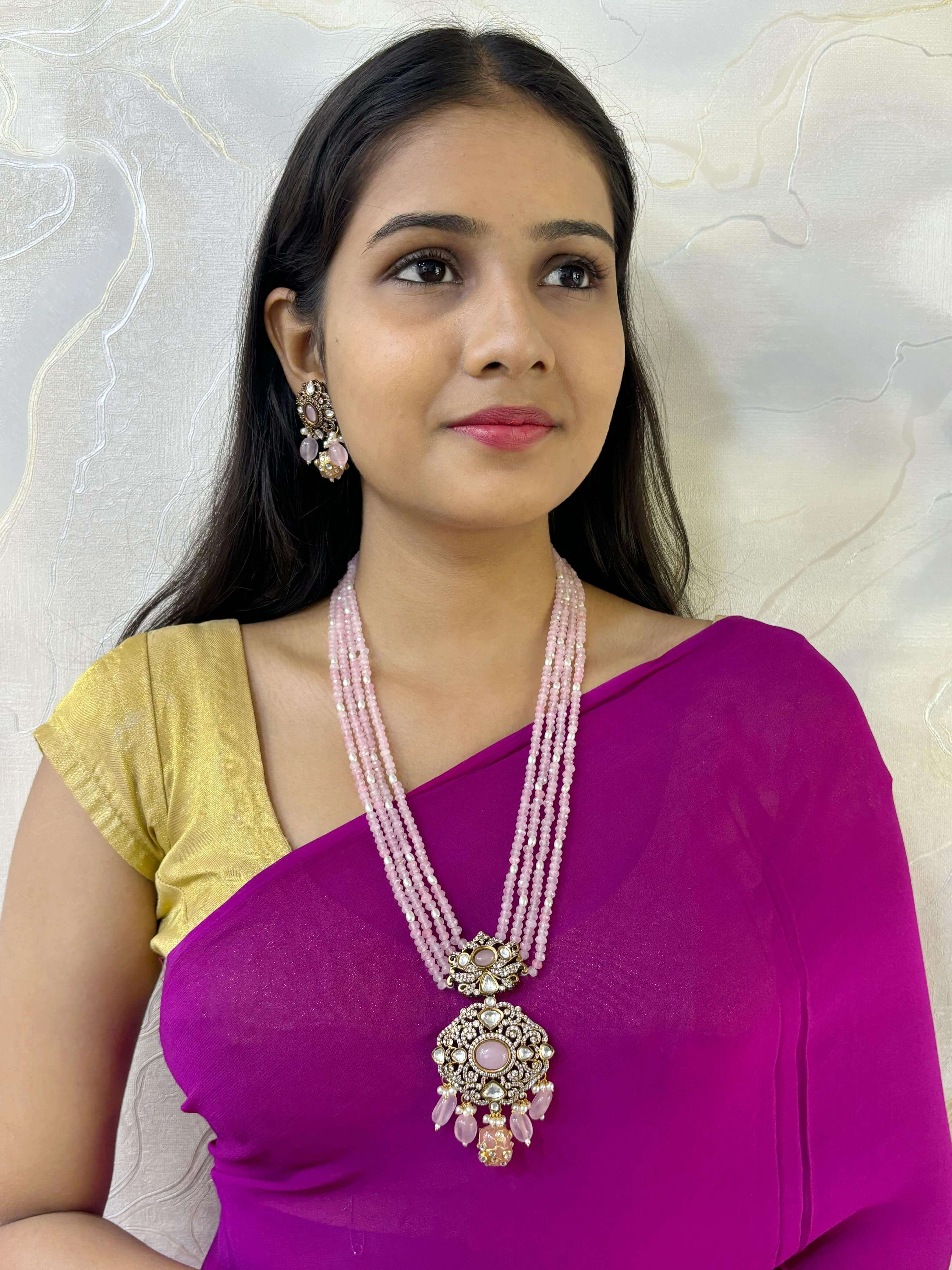 Traditional Antique Polki And AD Pendant Necklace For Women Victorian Necklace Sets In baby Pink color