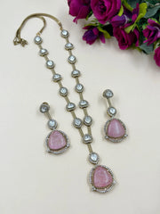 Aarya Modern Look Long Moissanite Polki Victorian Jewellery Necklace Set in Baby pink Color