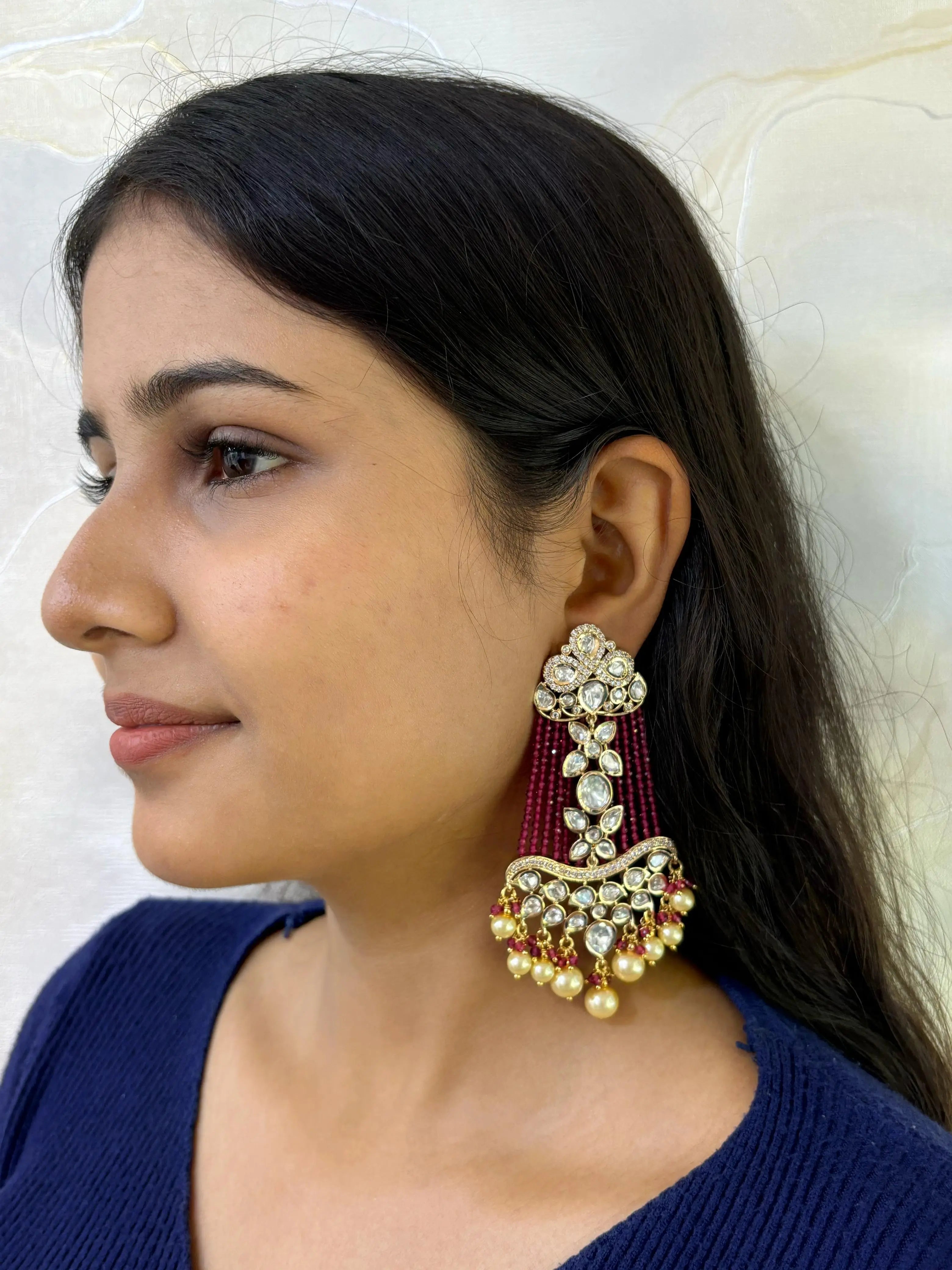 Designer Polki Kundan Pink Chandelier Earrings For Weddings and parties