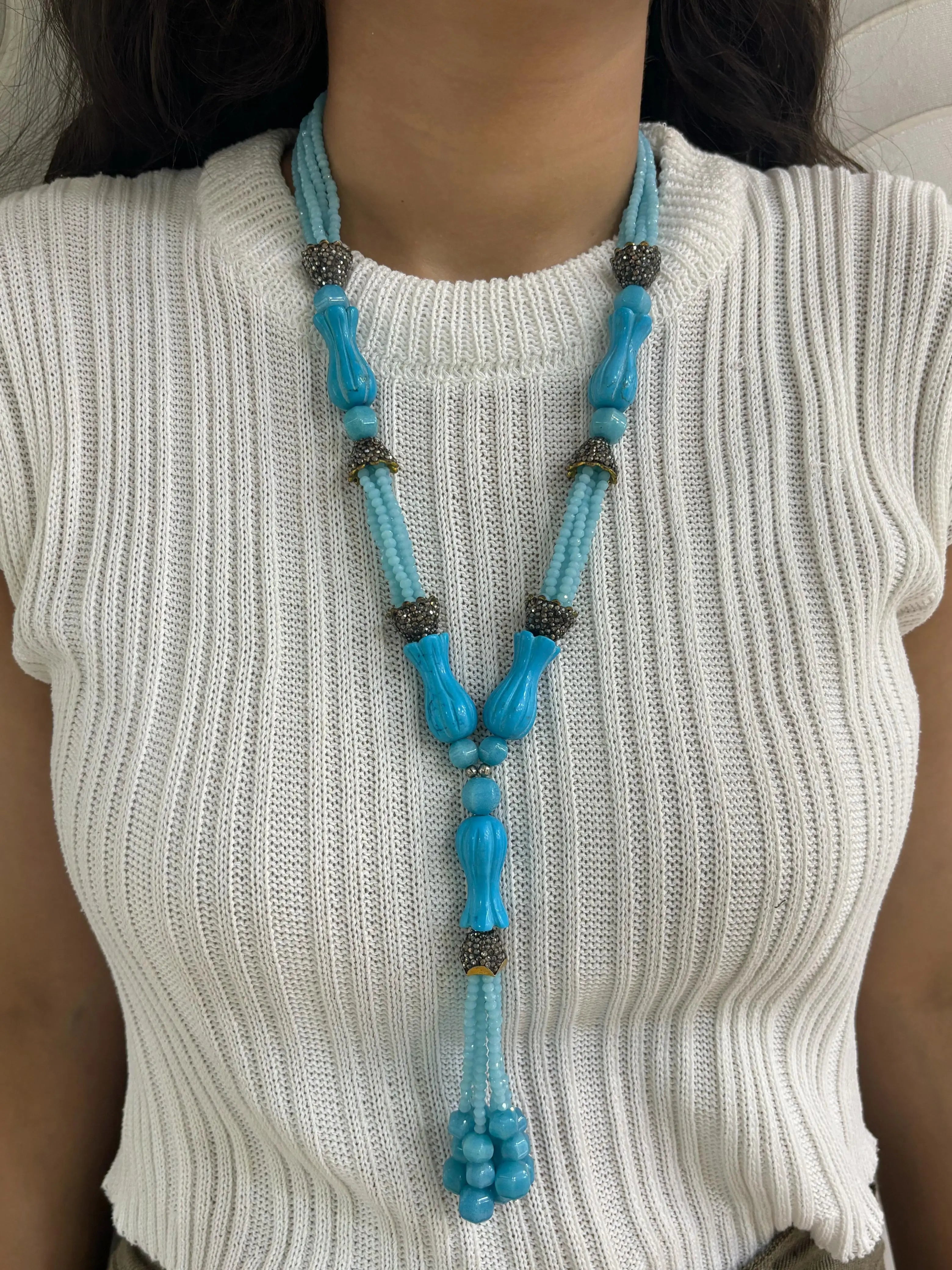 Designer Long Sky Blue Turquoise Beaded Jewellery Necklace Set with tassels For Women online