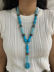 Designer Long Sky Blue Turquoise Beaded Jewellery Necklace Set with tassels For Women online