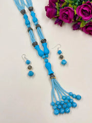 Designer Long Sky Blue Turquoise Beaded Jewellery Necklace Set with tassels For Women online