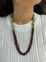 Elegant Green Tanjore And Garnet Gemstone Beaded Necklace Set For Women