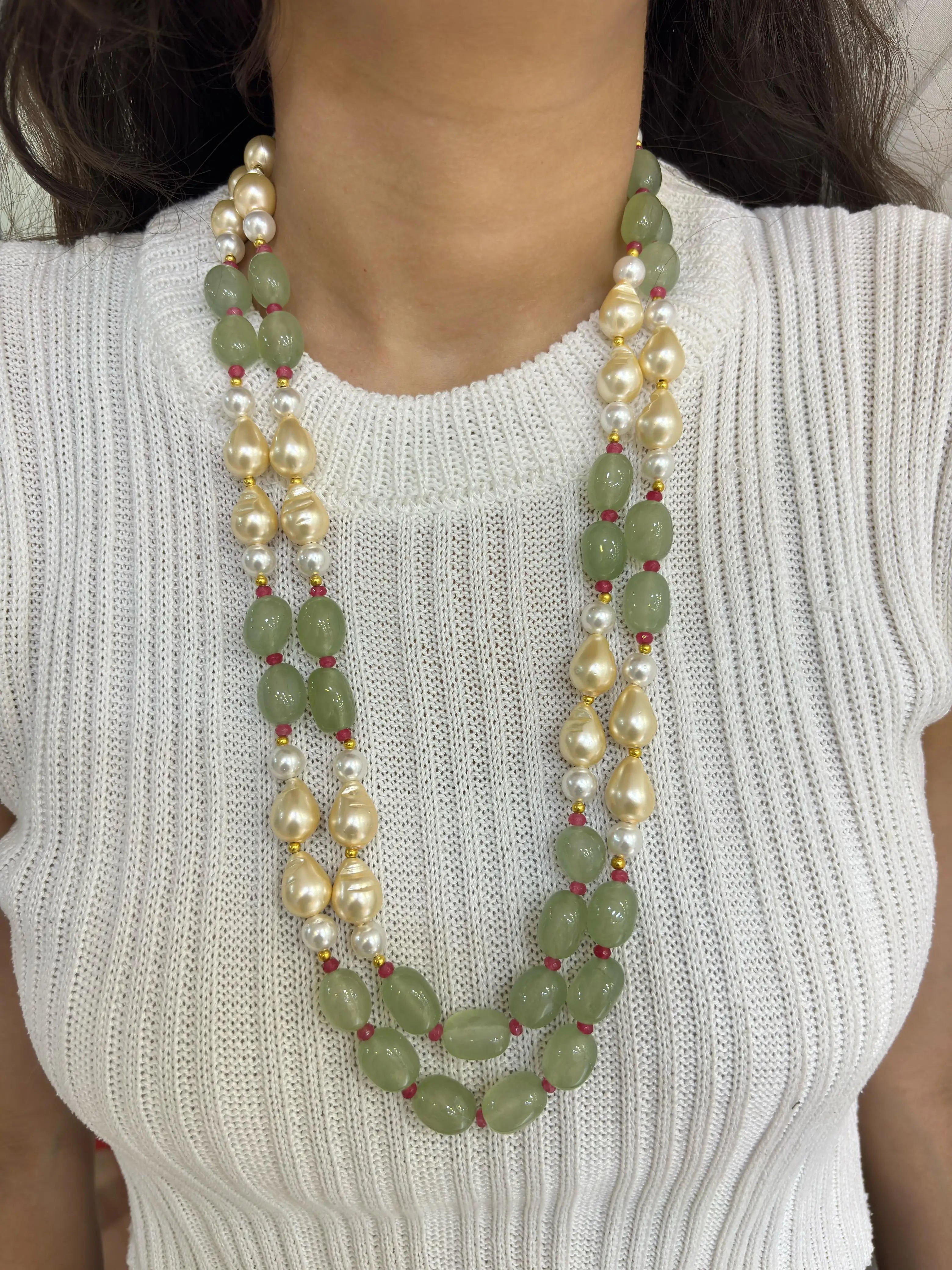Designer Semi Precious Mint green Long Pearls And Gemstone Beaded Necklace Set online.