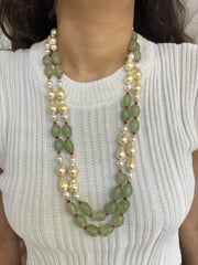 Designer Semi Precious Mint green Long Pearls And Gemstone Beaded Necklace Set online.