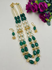 Contemporary Semi Precious Long Shell Pearls And Gemstone Green Beads Necklace