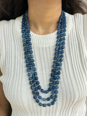 Unisex Semi-Precious Gemstone Triple-Layered Blue Jade Beads Necklace Set by Gehna Shop