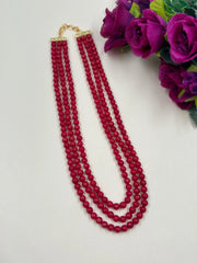 Triple Layered Coral Red Beads Necklace