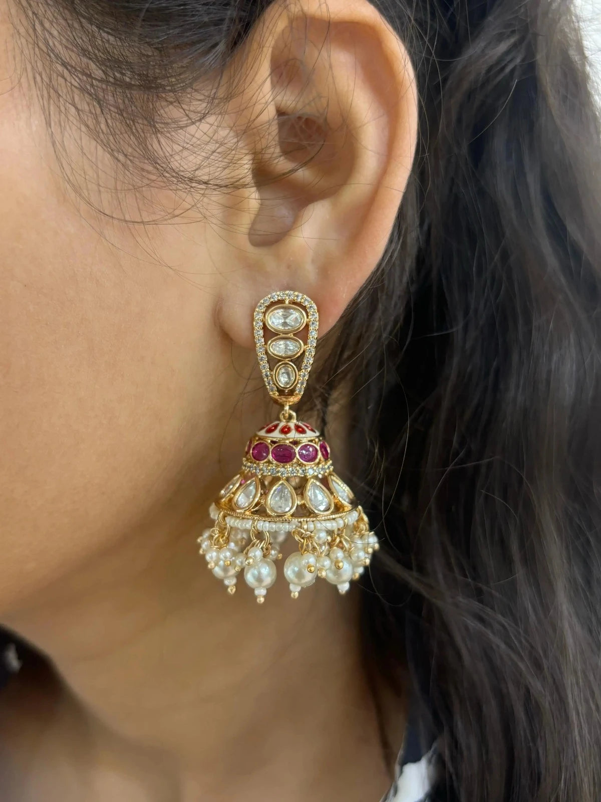Nazneen Designer Ruby Pink Indian Kundan Jhumka Earrings For Women and girls