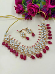 Designer Party Wear Polki Kundan Jewellery Necklace Set with red beads drops