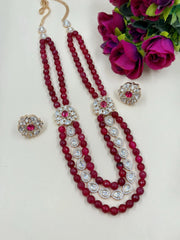 Womens Designer Jade Stones Beaded Necklace Set With Side Kundan Brooches - Festive And Wedding Wear