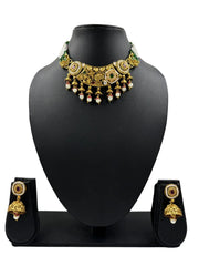 Ethnic Womens Gold Plated Antique Gold Choker Necklace Set