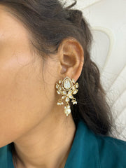 Designer Flower Design Party Wear Kundan Polki Stud Earrings with pearls