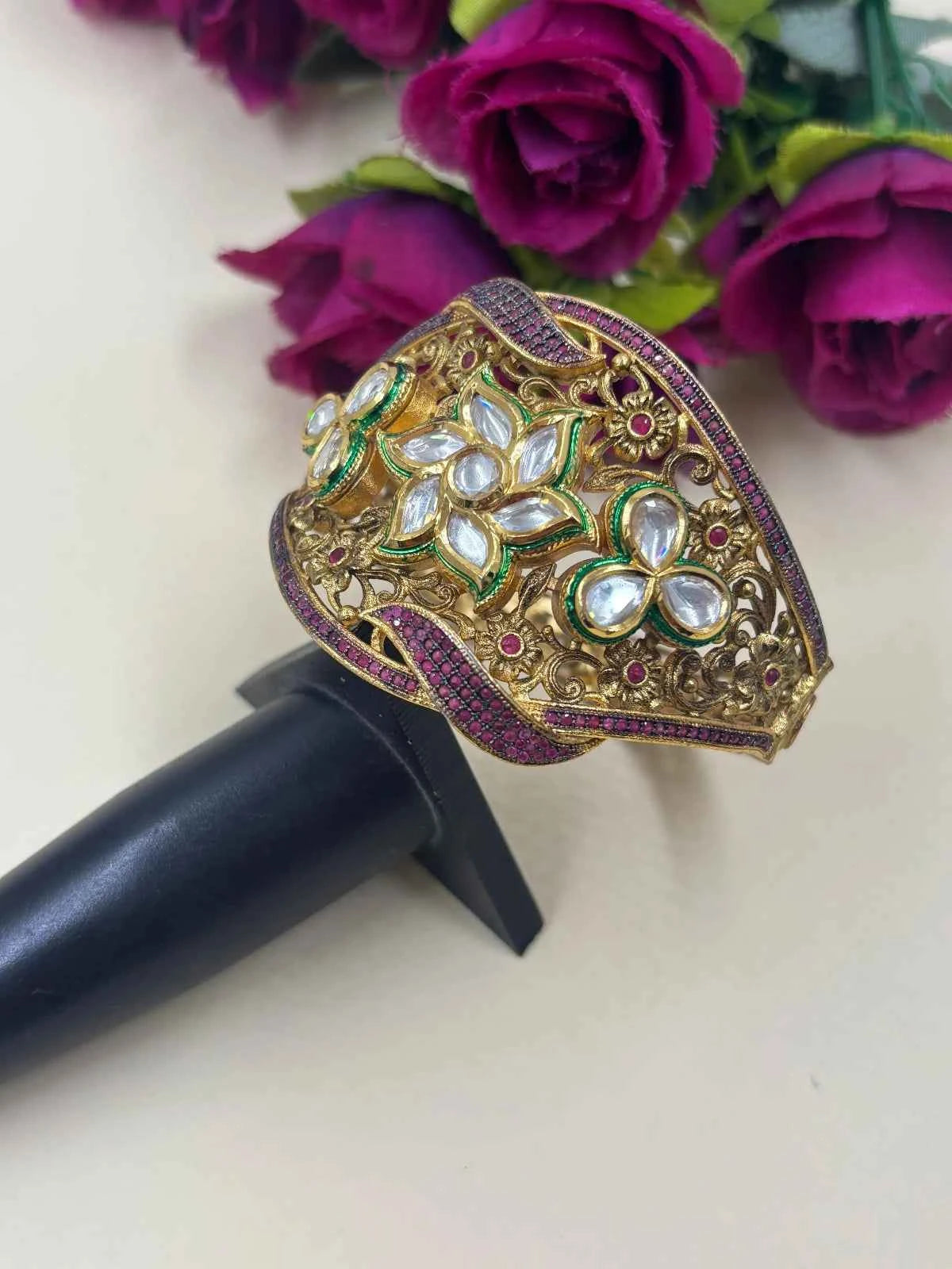 Designer Antique Golden Broad Kundan Bracelet For Women