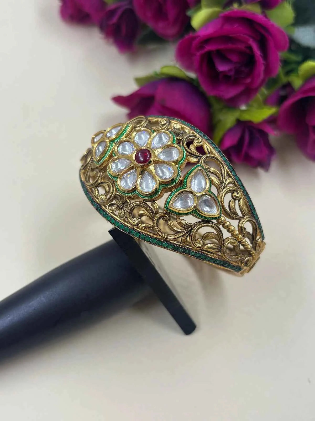 Designer Gold Plated Antique Broad Kundan Bracelet