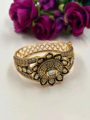 Designer Party Wear Broad Kundan Bracelet With Black Enamel