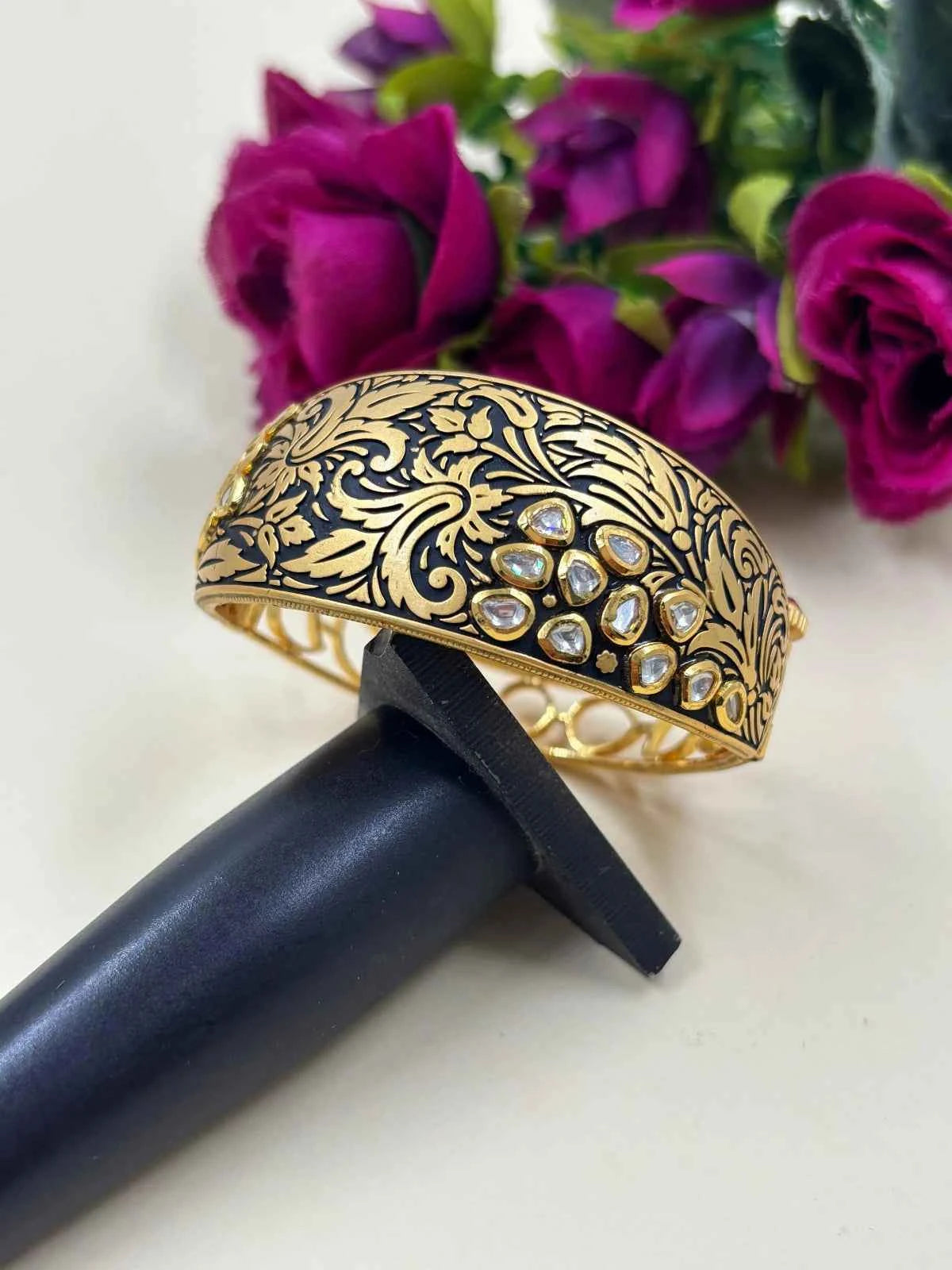 Designer Antique Black Enamel Kundan Bracelet For Women