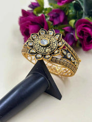 Designer Party Wear Broad Kundan Bracelet With Black Enamel