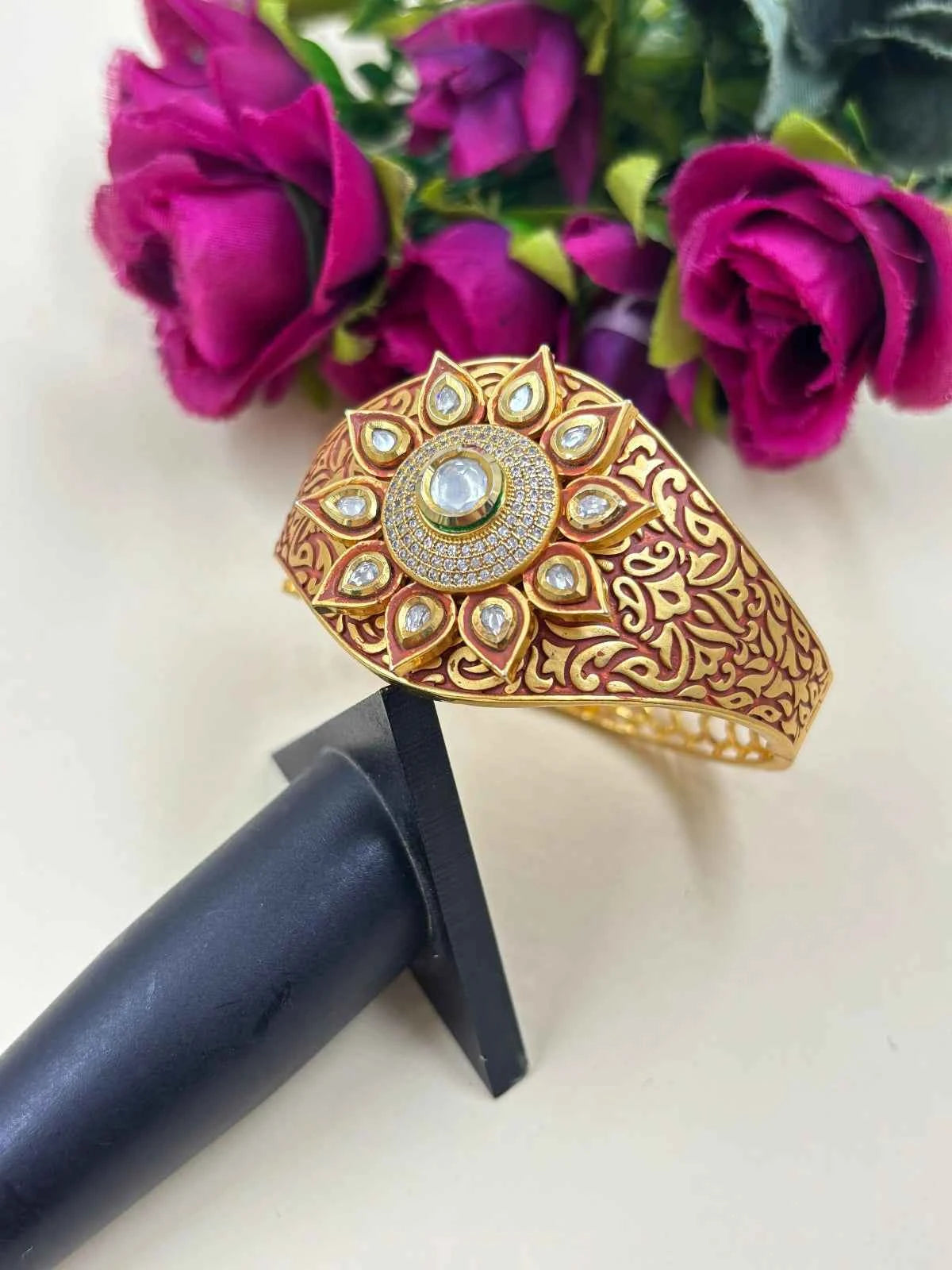 Traditional Gheru Polish Broad Kundan Bracelet For Women