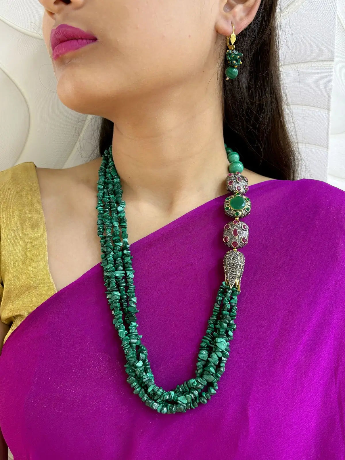 Semi Precious Natural Melachite Green Beaded Jewelry Set | Designer Gemstone Beads Jewelry Set For Women