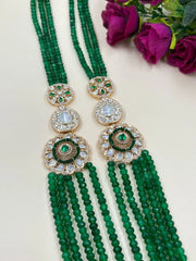 Long Semi Precious Unisex Green Beaded Jewellery Necklace With Kundan And Polki Side Brooches