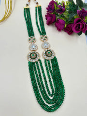 Long Semi Precious Unisex Green Beaded Jewellery Necklace With Kundan And Polki Side Brooches