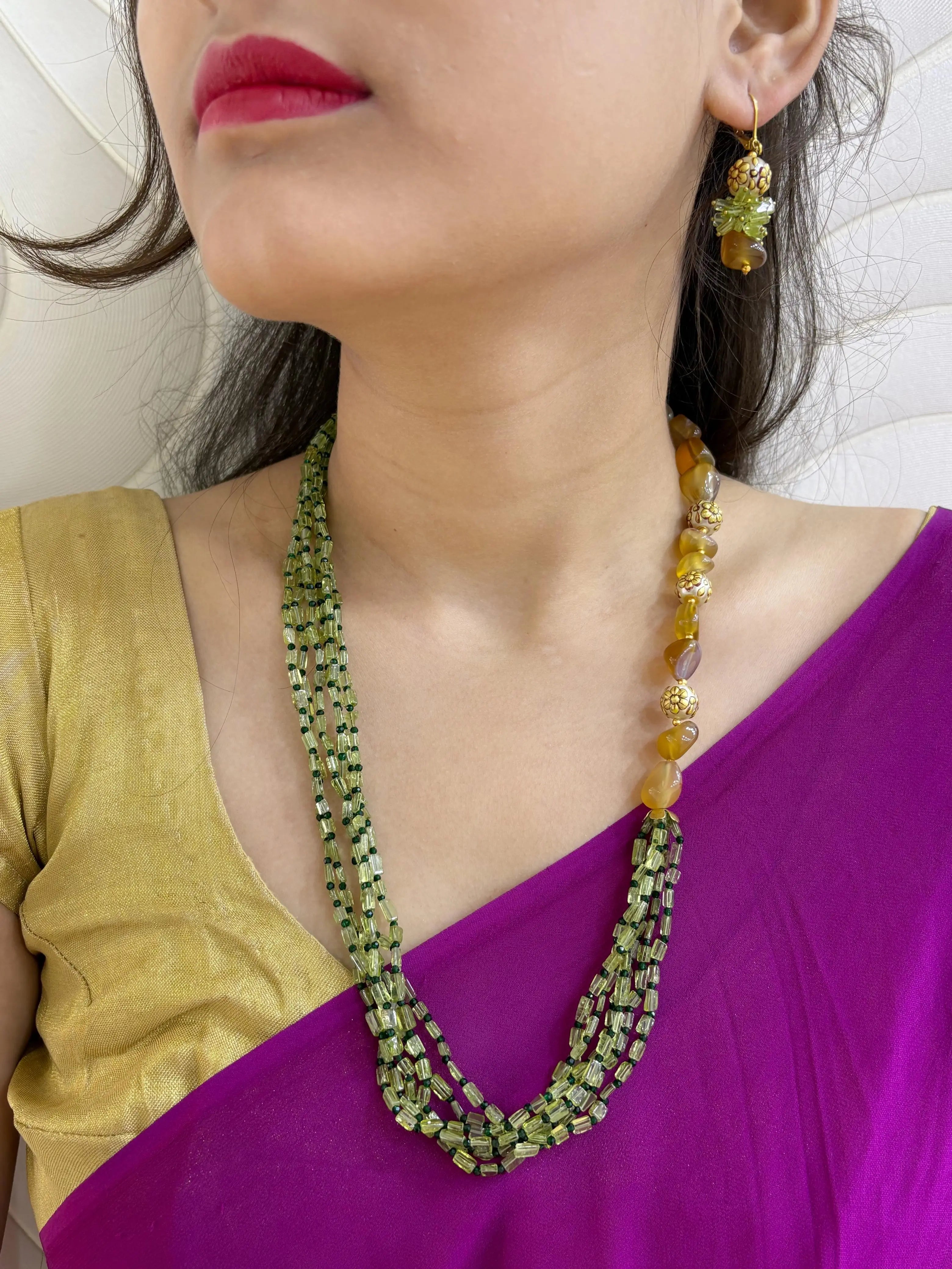 Semi Precious Yellow Onyx And Peridot Beads Necklace Set - Gemstone Beads Jewelry